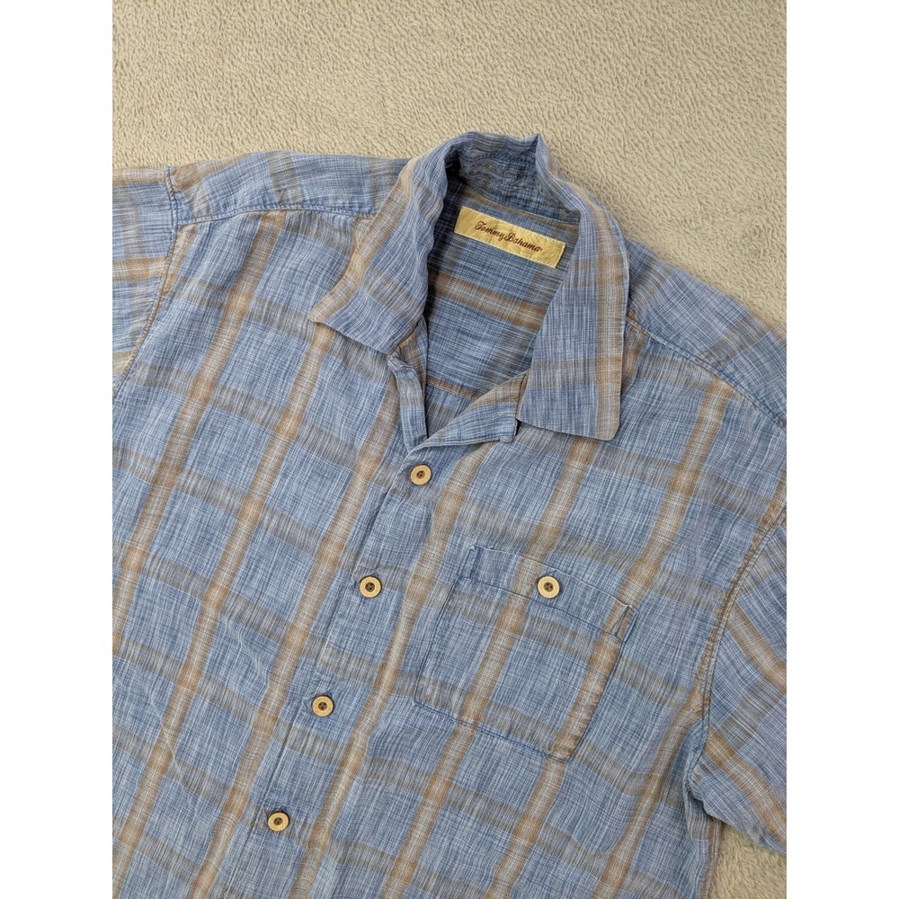 Tommy Bahama Mens Size M Plaid Short Sleeve Button Up Shirt Blue Brown Tencel